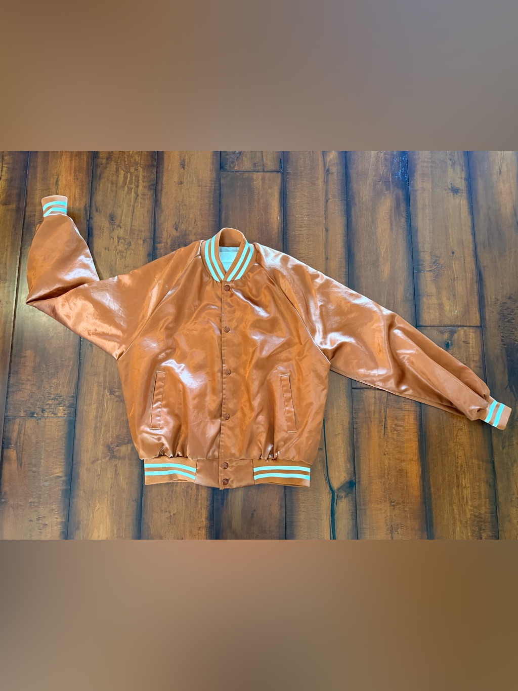 Vtg Men's Satin Orange Bomber Jacket With Striped Ribbing